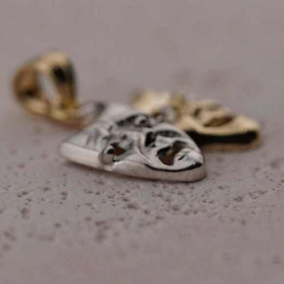 14k Solid Yellow Gold Comedy & Tragedy Pendant | Theatrical Artistry Charm | - Picture 5 of 6